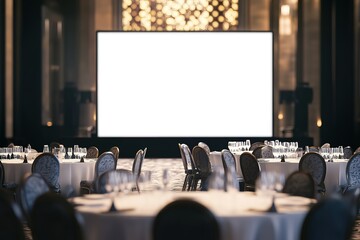 Elegant banquet hall with round tables, perfect for corporate events.