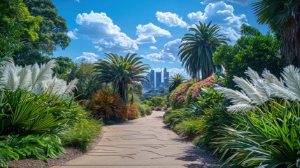 Fototapeta premium Serene Garden Path with City Skyline View