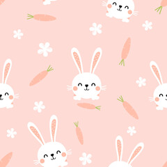 Seamless pattern with bunny rabbit in the hole, carrot and cute flower on pink background vector.