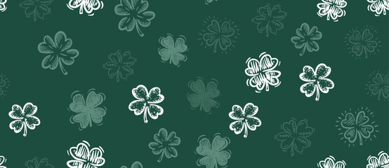 Clover pattern on green, Saint Patricks Day, hand drawn illustrations.	
