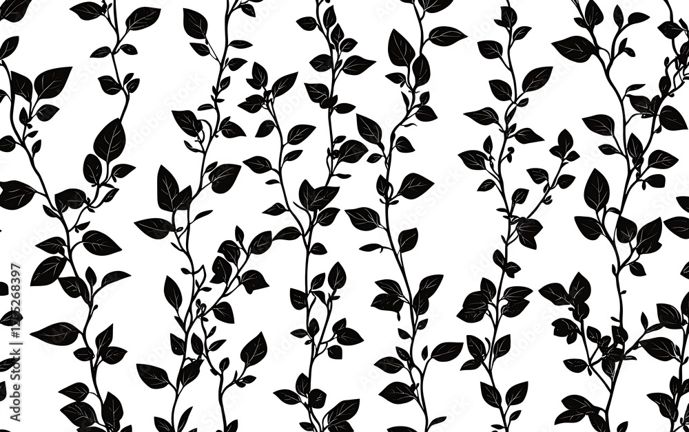 Poster black and white botanical pattern, repeating vines and leaves, seamless background, digital graphic 