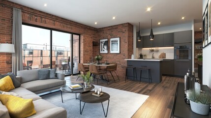 Fototapeta premium Modern Apartment Interior with Exposed Brick Walls and Open Plan Living Space
