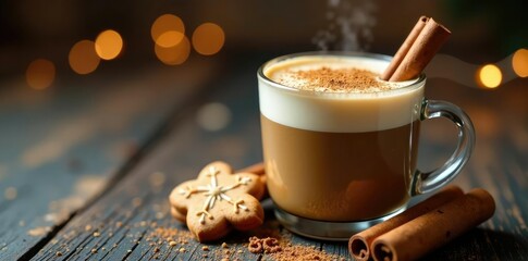 Cinnamon stick and cookie decorations on a glass of hot coffee, cinnamon, holiday, Christmas