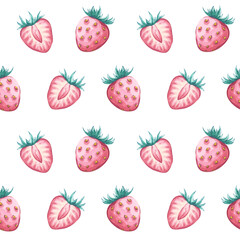 Seamless watercolor pattern with whole and sliced strawberries on a white background