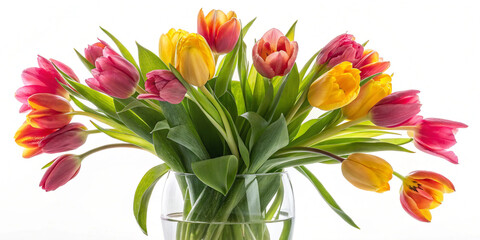 Obraz premium Fresh and colorful bouquet of tulips with bright yellow, red, and orange hues arranged beautifully in a clear glass vase on a white backdrop.