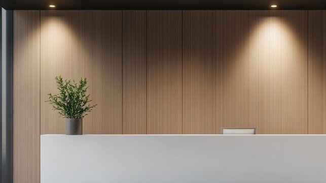 Reception area design featuring minimalist decor with wooden wall and modern potted plant, creating a welcoming environment for clients and visitors in an office.