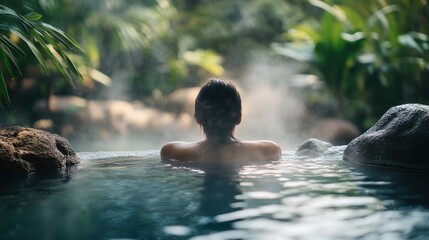 Relaxation in a serene hot spring surrounded by lush greenery, showcasing wellness and rejuvenation in natures tranquil environment for stress relief.