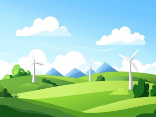 Fototapeta premium Cartoon style landscape featuring wind turbines and renewable energy illustrations in a vibrant vector design