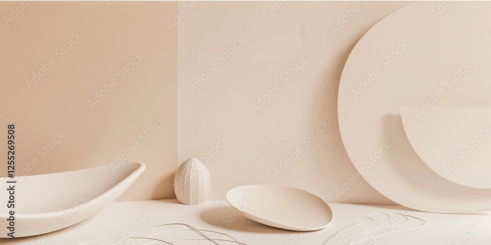 Poster a minimalist layout with a soft warm taupe background, sparse abstract shapes and clean lines, minim