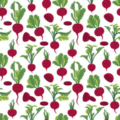 Seamless background of beets. Flat illustration of beetroot background. Beetroot seamless pattern. Beetroot flat background illustration.