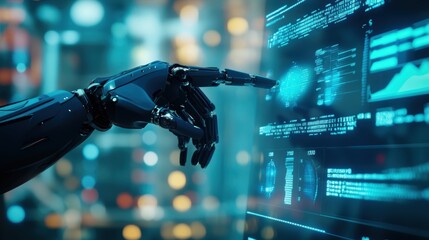 Robot hand interacting with digital interface, showcasing advanced technology in artificial intelligence, data analysis, and futuristic innovation in automation.