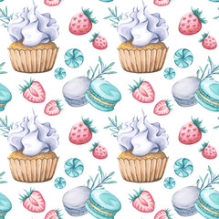 Seamless watercolor pattern featuring cupcakes, macaroons, strawberries, candies and rosemary sprigs. White background. Perfect for packaging and textile. Adding a fresh and sweet touch