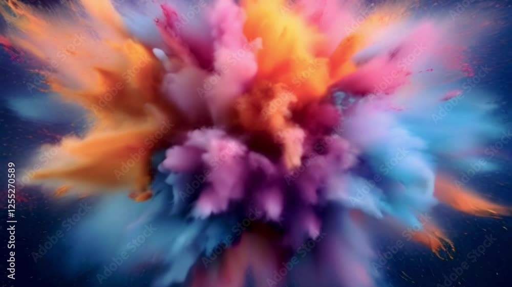 Poster abstract animation of a color explosion filled with smoky waves of purple, pink, orange and blue. an