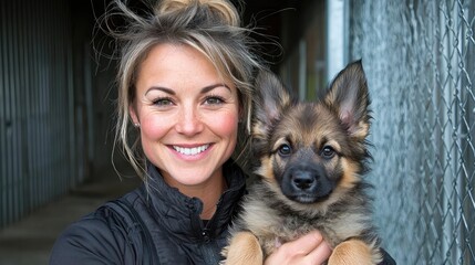 Woman holding puppy in storage facility