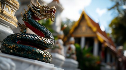 Fototapeta premium Serene Green Dragon Statue at a Thai Temple