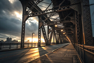 Industrial steel bridge with dramatic lighting