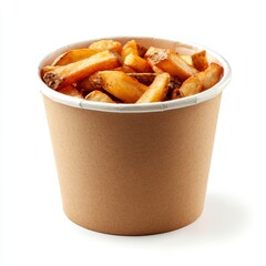 An open paper container filled with crispy golden fries, isolated on a white background, symbolizing fast food, snack, and comfort eating.