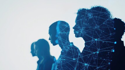 Silhouettes of diverse individuals against a light background, representing teamwork and collaboration, with a digital network overlay symbolizing connection and innovation.