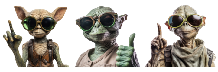 Set of Funny Realistic Alien with Sunglasses Showing Finger up Gesture on Transparent Background