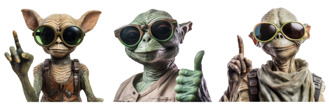 Set of Funny Realistic Alien with Sunglasses Showing Finger up Gesture on Transparent Background