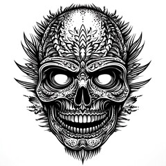 Ornate skull design, detailed artwork, white background, for tattoo or print