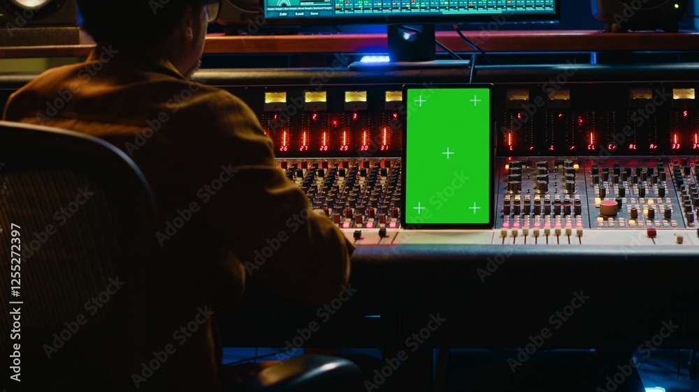 Poster african american audio technician mixing and editing tracks with greenscreen on tablet, working in p