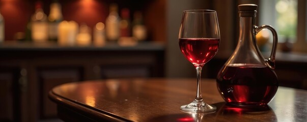 Elegant glass filled with rich red wine on a luxurious table, decanter, sophistication