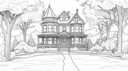 Black and white line art illustration of an old Victorian house with a large front porch surrounded by trees, a coloring book page