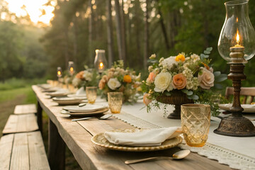 wedding ceremony A beautifully set outdoor dining table adorned with floral arrangements and candles, surrounded by trees, radiating a warm, inviting atmosphere.