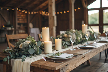wedding ceremony A beautifully arranged rustic dining table with candles and greenery, set in a cozy barn, perfect for an intimate gathering or celebration.