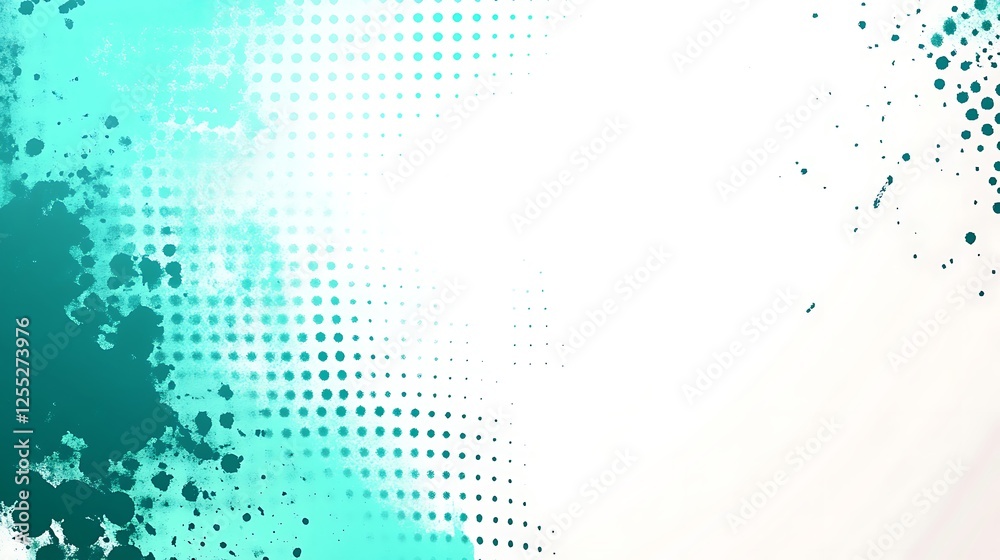 Poster Teal ink splatter, halftone dots, white background. Design element for website or print