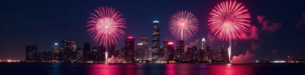 Pyrotechnic display over city skyline at night, fireworks, celebration