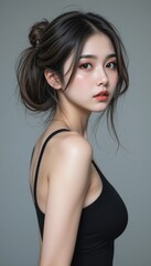 Fototapeta premium Captivating Gaze: A stunning portrait of a young Asian woman with long dark hair styled in a sleek bun, exuding confidence and beauty as she gazes intently at the camera.