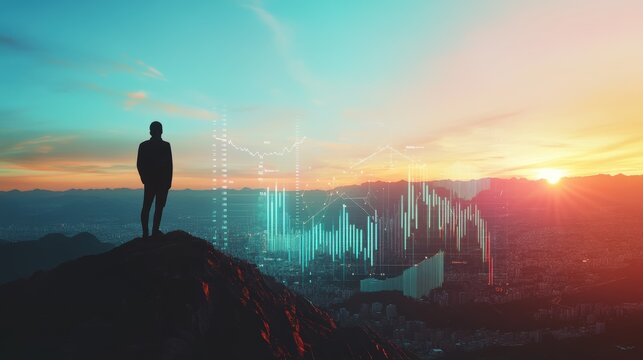 Stock market trends and financial analytics represented by a person overlooking a city skyline at sunset, highlighting investment opportunities and economic growth.