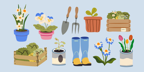 Gardening and countryside lifestyle. Spring hobby. Gardening equipment and tools. Spring greenhouse plants, seedlings. Agriculture vector illustration