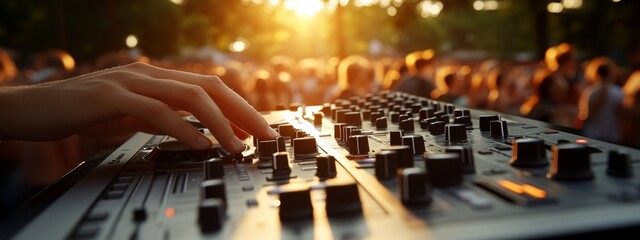 Close-up of hands using the equipments on a DJ deck at an outdoor music festival, with the crowd blurred in the background, a bokeh effect.