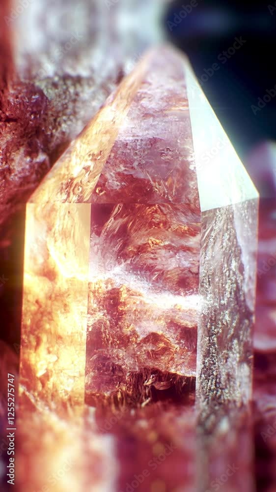 Poster digital animation of transparent crystals with warm amber hues. light effects shimmer across smooth 