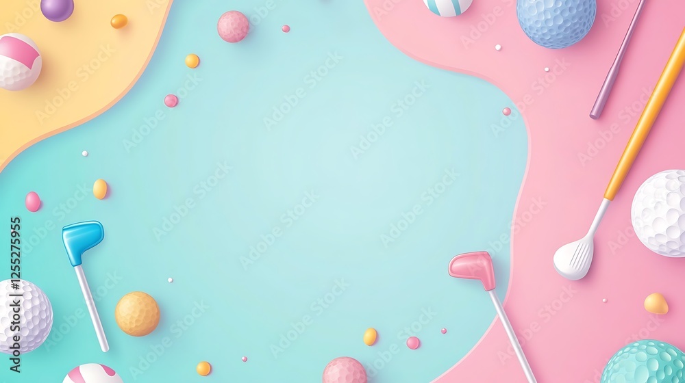 Aufkleber Abstract golf balls and clubs on pastel background. Possible use Background image for social media posts or website design