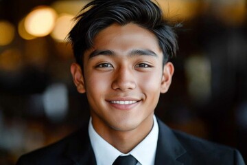 Smiling businessman in a suit standing indoors with blurred background of a stylish modern office or cafe