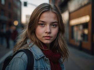 Fototapeta premium Confident Young Woman in Casual Denim Jacket Posing Outdoors in Urban Setting