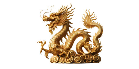 Naklejka premium Chinese golden dragon isolated on transparant background with clipping path.Golden traditional chinese dragon isolated. Feng Shui statuette.png