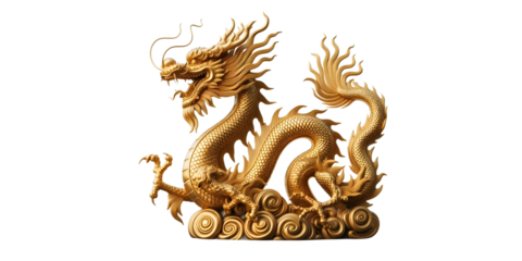 Chinese golden dragon isolated on transparant background with clipping path.Golden traditional chinese dragon isolated. Feng Shui statuette.png