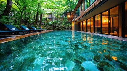 Obraz premium Luxurious poolside retreat in a lush Japanese garden