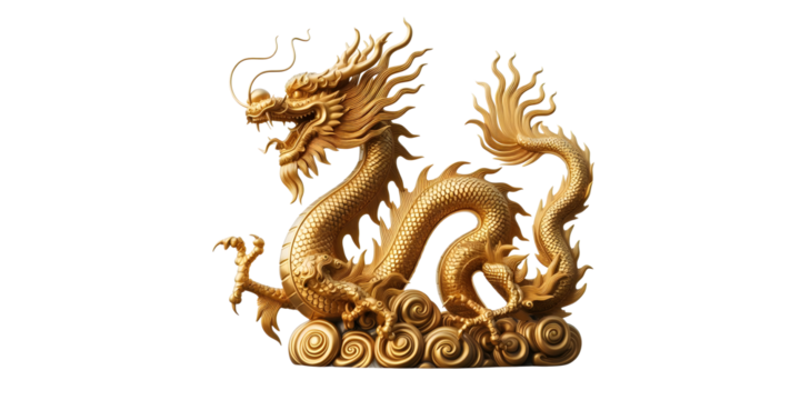 Chinese golden dragon isolated on transparant background with clipping path.Golden traditional chinese dragon isolated. Feng Shui statuette.png