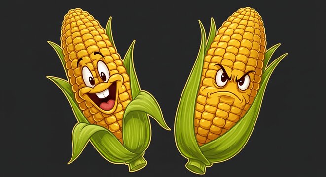 Two anthropomorphic corn cobs show contrasting emotions and expressions