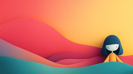 Child figure in colorful abstract landscape, peaceful, imaginative, background for a children's book cover, or mindfulness poster