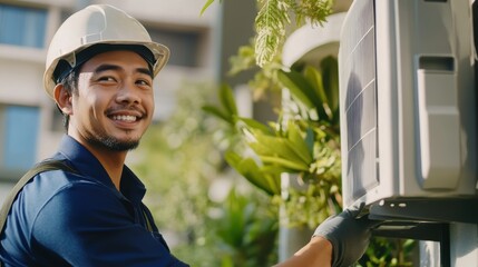 Technician installing air conditioning unit outdoors in residential area. Smiling worker wearing helmet and gloves, ensuring efficient home climate control system.