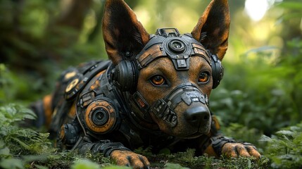 Cyborg dog forest patrol, tech background