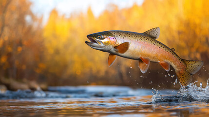 Obraz premium fish jumping out of stream surrounded by autumn foliage, showcasing nature beauty and energy