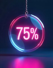 3d glass holographic falling circle sale tag or label with percent sign render. Rainbow crystal round shopping discount badge with pink blue gradient. Offer, price, bank interest rate. 3D illustration